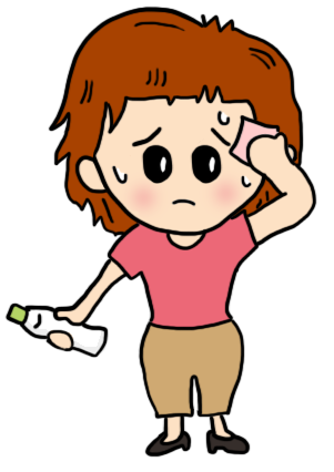 夏バテ気味で、ドリンク片手に汗を拭きながら困っている女性